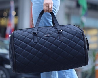 Schwarze Leder-Kleidungstasche, Herren-Wochenend-Reisetasche, Handgepäck aus echtem Leder, stilvolles Gepäck, Reisegeschenk
