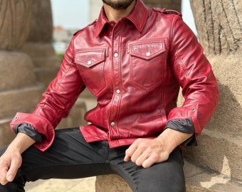 Handmade Mens Burgundy Distressed Leather Slim Fit Leather Shirt, Leather Shirt For Men