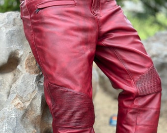 Handmade Mens Burgundy Distressed Leather Slim Fit Motorcycle Pants, Leather Pant For Men