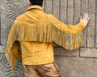 Men's Brown Western Style Real Suede Leather Fringe Jacket, Men's Brown Soft Suede Leather Fringe Jacket, Cowboy Jacket, Festival Jacket