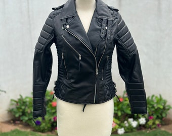 Women's Black 100% Genuine Soft Leather Quilted Biker Jacket, Women's Black Lambskin Leather Slim Fit Moto Jacket, Ladies Jacket, Wife Gift