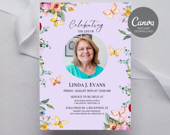 May include: A purple and white memorial service announcement with a floral border and a photo of a woman. The text reads "Celebrating the Life of Linda J. Evans, Friday, August 30th at 10:00 AM. Service to be held at Bethlehem United Church, 2 Willow Dr. Redstone, CA. Followed by a reception at Margret William's Residence, 2031 Sandy Brook Rd. Redstone, CA."