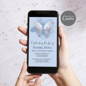 May include: A blue and white digital memorial card with a pair of white angel wings on a blue watercolour background. The text reads "Celebrating the life of Daniel Pena, Friday, August 30th at 10:00 AM, Service to be held at Bethlehem United Church, 2 Willow Dr. Redstone CA, Followed by a reception at Margret Williams Residence, 2031 Sandy Brook Rd. Redstone CA."