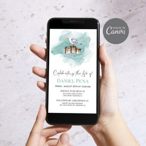 Electronic Funeral Announcement, Beach Obituary Editable Memorial, Digital Phone Invite, Celebration of Life Instagram Invitation ID34