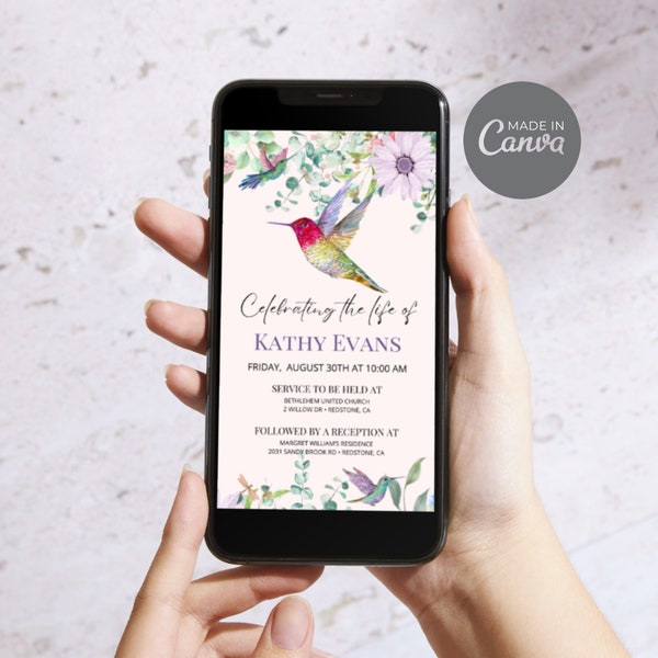 Funeral Announcement with Hummingbird, Digital Celebration Of Life Template, Editable Electronic Memorial Evite, Pink Phone Invitation ID33