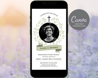 Könnte beinhalten: Eine digitale Trauerkarte mit einem grünen Kranz und einem Kreuz. Die Karte zeigt ein Foto eines jungen Mannes und den Text "Celebrating the Life of Daniel E. Monroe". Die Karte enthält auch die Details des Trauergottesdienstes und der Trauerfeier.