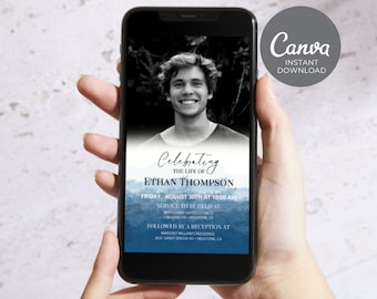 May include: A smartphone displays a memorial announcement. The announcement features a black and white photo of a smiling young man. Text includes "Celebrating the Life of Ethan Thompson" and service details. A "Canva Instant Download" logo is in the upper right.