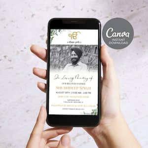 Sikh Funeral Annoucement, Men First Barsi Invitation, Editable Digital Memorial Announcement, Minimal Electronic Funeral Evite Punjabi ID84