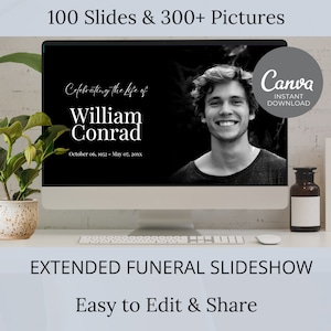 Puede incluir: Una foto en blanco y negro de un hombre en la pantalla de un ordenador. La pantalla muestra una plantilla de presentación de diapositivas de funeral con el texto "Celebrating the Life of William Conrad" y fechas. El texto "100 Slides & 300+ Pictures" está en la parte superior de la imagen. El texto "Canva Instant Download" está en la esquina superior derecha de la imagen. El texto "Extended Funeral Slideshow Easy to Edit & Share" está en la parte inferior de la imagen.