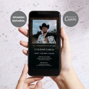 Plantilla de invitación para funeral en español, invitación digital editable para conmemorar a un hombre, invitación rústica para teléfono, invitación de texto para celebrar la vida ID16