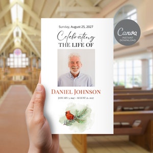 Könnte beinhalten: Ein weißes Trauerprogramm mit einem roten Kardinal auf einem grünen Zweig. Das Programm enthält den Text "Celebrating the Life of Daniel Johnson, January 3, 1947 - August 21, 2027".
