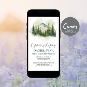May include: A digital memorial invitation with a watercolor illustration of a mountain range and pine trees. The text reads "Celebrating the life of Daniel Pena, Friday, August 30th at 10:00 AM. Service to be held at Bethlehem United Church, 2 Willow Dr. Redstone, CA. Followed by a reception at Margret William's Residence, 2031 Sandy Brook Rd. Redstone, CA."