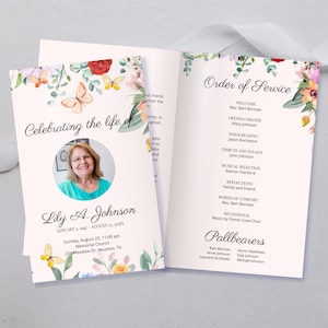 Modelo de obituário funerário, programa memorial dobrado de 4 páginas Canva, programa da igreja, borboletas elegantes para impressão, ordem de serviço ID06