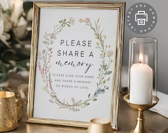 Letrero de servicio conmemorativo para compartir un recuerdo en el funeral, letrero en formato PDF para el libro de visitas del velorio, letrero de condolencias para celebrar la vida, letrero de recuerdo ID171