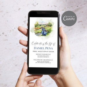 Anúncio de funeral digital, modelo de celebração da vida no golfe, convite eletrônico editável para homem, ID25 de convite para Instagram por telefone