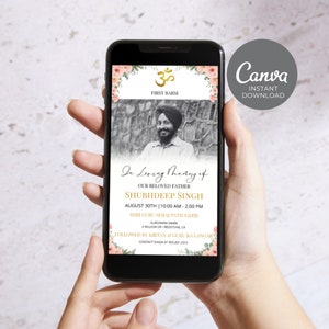 Sikh Funeral Invite, Men First Barsi Invitation, Editable Digital Memorial Announcement, Punjabi Electronic Funeral Evite with Flowers ID61