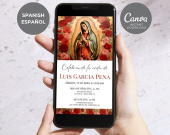 Spanish Funeral Announcement, Catholic Memorial Invite, Virgen Maria Phone Evite, Editable Text Message Religious Celebration of Life ID76
