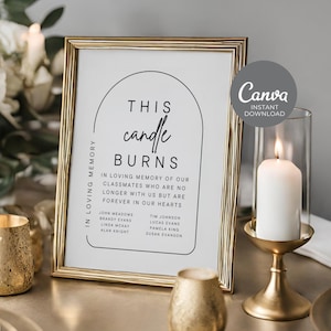 Op de afbeelding: Een ingelijst wit bord met een zwarte boog en de tekst "THIS candle BURNS" in een handschrift. Het bord bevat ook de tekst "IN LOVING MEMORY OF OUR CLASSMATES WHO ARE NO LONGER WITH US BUT ARE FOREVER IN OUR HEARTS" en een lijst met namen.