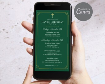 Könnte beinhalten: Eine grüne und goldene Traueranzeige für Daniel Corcoran. Die Anzeige enthält die Daten und Uhrzeiten für die Trauerfeier, die Messe, die Beisetzung und den Empfang. Die Anzeige enthält auch die Adressen des Bestattungsunternehmens, der Kirche, des Friedhofs und des Empfangsorts.