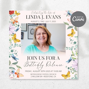 May include: A memorial service announcement for Linda J. Evans, featuring a photo of her and a butterfly release invitation. The announcement includes the date, time, and location of the service: Friday, 30th August 2025 at 10:00 AM at Bethlehem United Church, 2 Willow Dr. Redstone, CA.