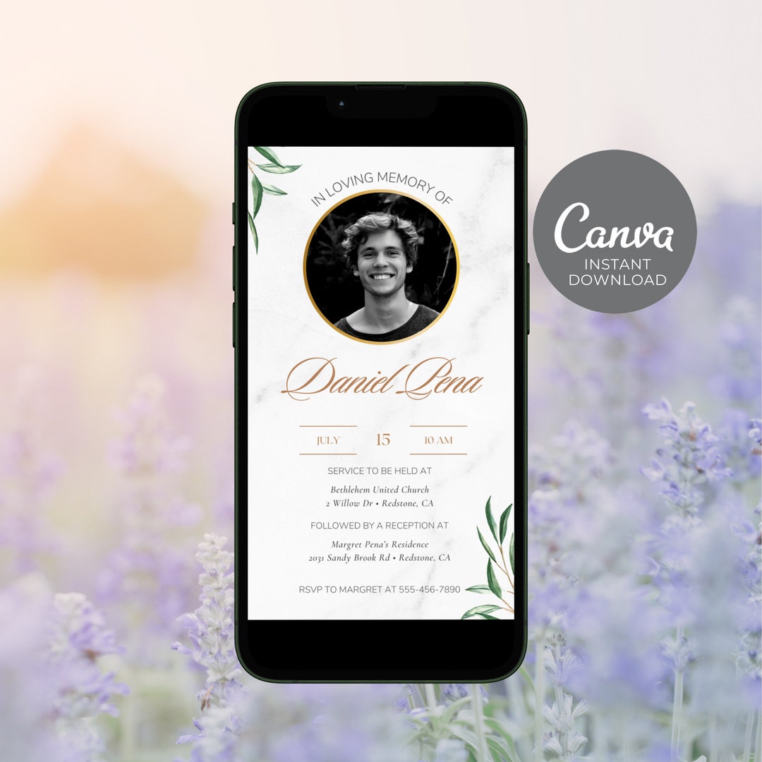 Digital Funeral Announcement, Man Celebration of Life Template, Marble ...