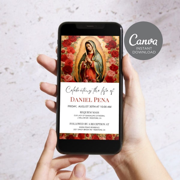 Electronic Funeral Announcement, Catholic Memorial Invite, Virgin Mary Phone Evite, Editable Text Message Religious Celebration of Life ID75