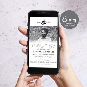 Sikh Funeral Invite, Editable First Barsi Invitation, Minimal Digital Memorial Announcement, Man Editable Electronic Funeral Evite ID50