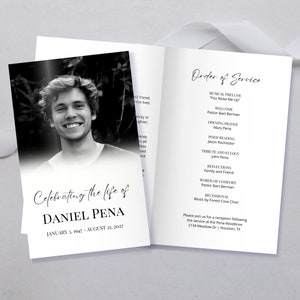 May include: A black and white photo of a man with a smiling face. The photo is on a white card with the text "Celebrating the life of DANIEL PEΝΑ JANUARY 3, 1947 - AUGUST 21, 2027". The card is next to a white card with the text "Order of Service" and a list of events for a memorial service.