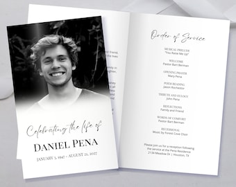Funeral Program Minimal, Obituary Template Order of Service, Editable Funeral Poem Memorial, Printable 4 Page Celebration of Life Men ID43