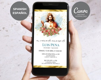 Peut inclure: Une carte de deuil numérique avec une bordure dorée et un fond aquarelle représentant une peinture de Jésus-Christ. La carte comprend le texte "en recuerdo amoroso de LUIS PENA 01.07.1950 - 04.12.2025" et les détails d'une cérémonie commémorative et d'une réception.