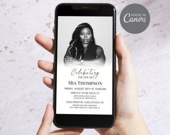 May include: Black and white photo of a woman on a white background with the text "Celebrating the life of Mia Thompson" and details for a memorial service and reception.