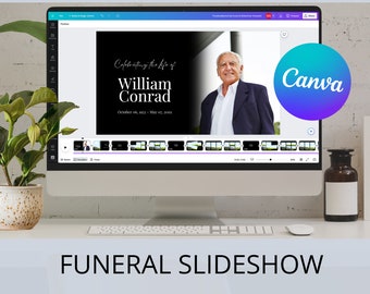 May include: A computer screen displaying a Canva slideshow template for a funeral. The template features a black background with white text that reads "Celebrating the Life of William Conrad" and includes dates of birth and death. The template also includes a photo of a man in a suit. The text "36 Mix & Match Slides" appears at the top of the screen. The text "FUNERAL SLIDESHOW Easy to Edit & Share" appears below the computer screen.