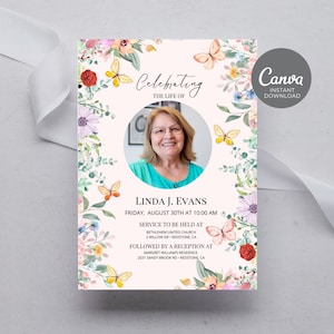 Faire-part pour les funérailles avec des papillons, modèle Célébration de la vie, modèle modifiable d'invitation commémorative, souvenir d'amour, inviter maman ID06
