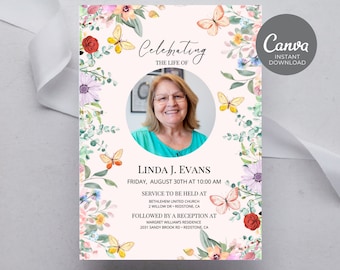 May include: A floral-themed memorial service announcement for Linda J. Evans. The announcement features a photo of Linda, a butterfly design, and details about the service and reception. The text reads: Celebrating the Life of Linda J. Evans, Friday, August 30th at 10:00 AM, Service to be held at Bethlehem United Church, 2 Willow Dr. Redstone, CA, Followed by a reception at Margret William's Residence, 2031 Sandy Brook Rd. Redstone, CA.