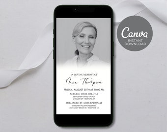 May include: A black and white photo of a woman on a mobile phone screen. The text reads "In loving memory of Thea Thompson. Friday, August 30th at 10:00 AM. Service to be held at Bethlehem United Church, 2 Willow Dr, Redstone, CA. Followed by a reception at Margaret Williams Residence, 2031 Sandy Brook Rd, Redstone, CA."