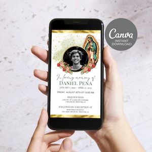 Anuncio electrónico de funeral, invitación conmemorativa católica, mensaje de texto editable de Evite para teléfono con la Virgen María, celebración religiosa de la vida ID181
