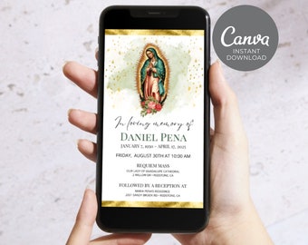 May include: A digital memorial card with a gold frame and a watercolor background. The card features an image of the Virgin Mary and the text "In loving memory of Daniel Pena January 7, 1950 - April 17, 2025 Friday, August 30th at 10:00 AM Requiem Mass Our Lady of Guadalupe Cathedral 2 Willow Dr - Redstone, CA Followed by a reception at Maria Pena's Residence 2001 Sandy Brook Rd - Redstone, CA"