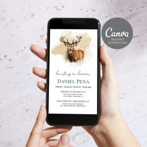 Faire-part de funérailles numérique, modèle de célébration de la vie de chasse, évite commémorative électronique modifiable de cerf, invitation de téléphone pour des hommes ID41