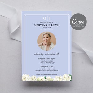 Faire-part pour les funérailles d'elle, modèle de fleur célébrant la vie, modèle modifiable d'invitation commémorative, invitation bleu souvenir d'amour ID23