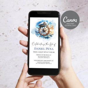 Beach Funeral Announcement, Nautical Editable Memorial Invitation, Blue Obituary Phone Invite, Boat Captain Celebration of Life Evite ID144