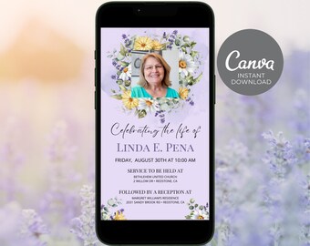 May include: A purple and white floral digital memorial card with a photo of a woman. The text reads "Celebrating the life of Linda E. Pena, Friday, August 30th at 10:00 AM. Service to be held at Bethlehem United Church, 2 Willow Dr. Redstone, CA. Followed by a reception at Margret Williams Residence, 2031 Sandy Brook Rd. Redstone, CA."