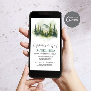 May include: A digital memorial invitation with a watercolor illustration of a mountain range and pine trees. The text reads "Celebrating the life of Daniel Pena, Friday, August 30th at 10:00 AM. Service to be held at Bethlehem United Church, 2 Willow Dr. Redstone, CA. Followed by a reception at Margaret Williams Residence, 2001 Sandy Brook Rd. Redstone, CA."