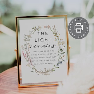 Puede incluir: Un cartel imprimible con un diseño de corona floral y el texto "THE LIGHT remains THERE ARE SOME WHO BRING A LIGHT SO GREAT TO THE WORLD THAT EVEN AFTER THEY HAVE GONE, THE LIGHT REMAINS."
