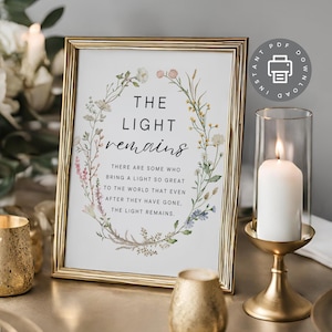Puede incluir: Un cartel imprimible con un diseño de corona floral y el texto "THE LIGHT remains" y una cita sobre traer luz al mundo. El cartel está en un marco dorado y está sentado en una mesa con velas.