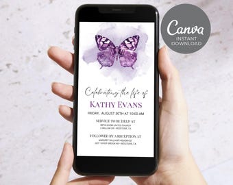 Anuncio de funeral de mariposa morada, plantilla de celebración digital de la vida, invitación electrónica editable de Evite, invitación telefónica RIP ID154