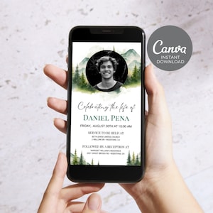 May include: A digital memorial invitation with a watercolor mountain landscape background. The invitation features a photo of a young man and the text "Celebrating the life of Daniel Pena". The invitation includes the date, time, and location of the service and reception.