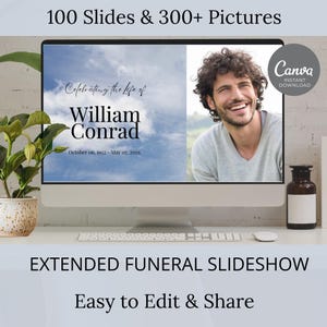 Puede incluir: Una pantalla de ordenador que muestra una plantilla de presentación de diapositivas de funeral con un fondo de cielo azul y el texto "Celebrating the life of William Conrad" y "October 06, 1952 - May 07, 20xx". La plantilla de presentación de diapositivas se anuncia como que tiene 100 diapositivas y más de 300 imágenes y es fácil de editar y compartir.