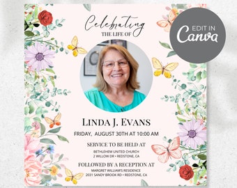 May include: A pink and white floral memorial card with a photo of a woman in a green shirt. The card reads "Celebrating the Life of Linda J. Evans" and includes details about the funeral service and reception.