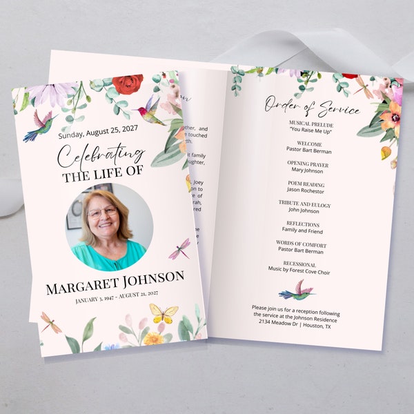 Funeral Obituary Booklet, Canva 4 Page Folded Memorial Program, Church Program Template, Hummingbird Elegant Printable Order of Service ID29
