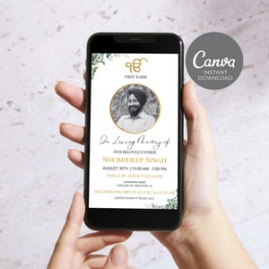 Sikh Funeral Invite, Men First Barsi Invitation, Editable Digital Memorial Announcement, Minimal Electronic Funeral Evite Punjabi ID71